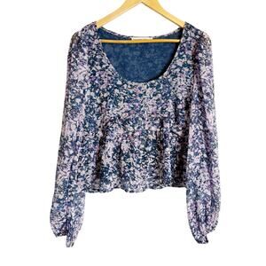 Abercrombie & Fitch Navy Floral Print Long Sleeve Scoop Neck Peplum Blouse S
